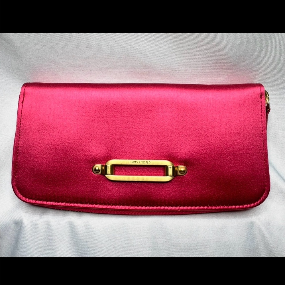 Jimmy Choo Hot Pink Satin Clutch with Gold-Tone Accent